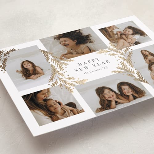 This is a snowball foil pressed holiday cards with foil pressed by Michelle Taylor called gilded greenery printing on recycled smooth signature in standard