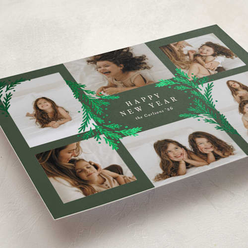 This is a forest foil pressed holiday cards with foil pressed by Michelle Taylor called gilded greenery printing on recycled smooth signature in standard