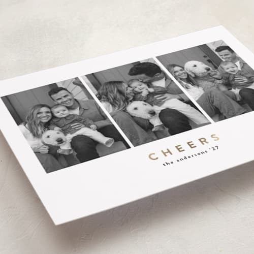 This is a snow foil pressed holiday cards with foil pressed by Lucrecia Caporale called simply three printing on recycled smooth signature in standard