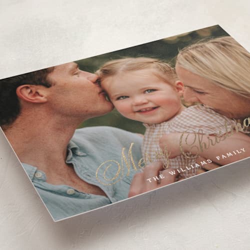 This is a snow foil pressed holiday cards with foil pressed by Robert and Stella called autuer printing on recycled smooth signature in standard