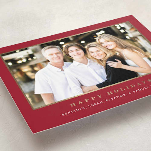 This is a poinsettia foil pressed holiday cards with foil pressed by Amy Kross called meadows printing on recycled smooth signature in standard
