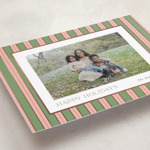 This is a azalea foil pressed holiday cards with foil pressed by Cindy Reynolds called southern stripes printing on recycled smooth signature in standard