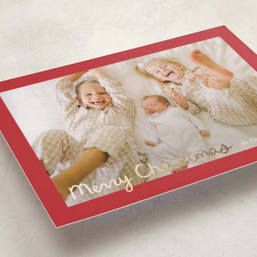 This is a cherry foil pressed holiday cards with foil pressed by Ani Somi called christmas pudding printing on recycled smooth signature in standard