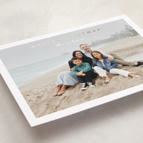 This is a snow foil pressed holiday cards with foil pressed by Stacey Meacham called simplest border printing on recycled smooth signature in standard