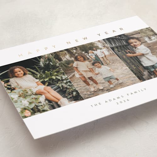 This is a snowfall foil pressed holiday cards with foil pressed by Pippa Shaw called trilogy printing on recycled smooth signature in standard