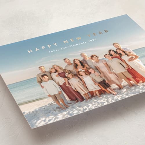 This is a snow foil pressed holiday cards with foil pressed by Lucrecia Caporale called minimal style printing on recycled smooth signature in standard