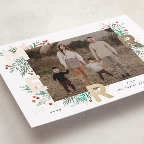 This is a mint foil pressed holiday cards with foil pressed by Alethea and Ruth called merry letters printing on recycled smooth signature in standard