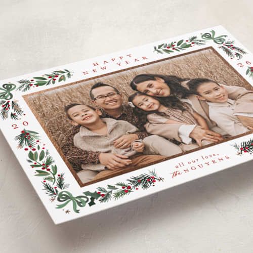 This is a forest foil pressed holiday cards with foil pressed by Makewells called sparkly bows printing on recycled smooth signature in standard