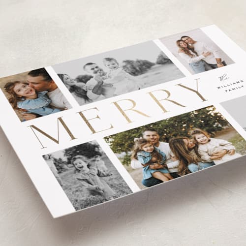 This is a snowfall foil pressed holiday cards with foil pressed by Design Lotus called gilded lettering printing on recycled smooth signature in standard