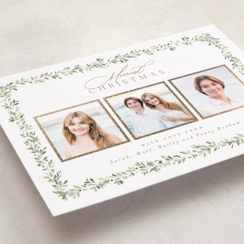 This is a snow foil pressed holiday cards with foil pressed by Everett Paper Goods called laurel garland printing on recycled smooth signature in standard
