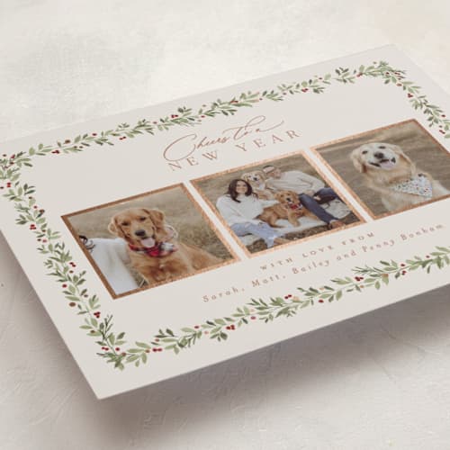 This is a mulled wine foil pressed holiday cards with foil pressed by Everett Paper Goods called laurel garland printing on recycled smooth signature in standard