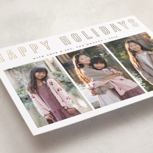 This is a snow foil pressed holiday cards with foil pressed by Juliana Zimmermann called triple happiness printing on recycled smooth signature in standard