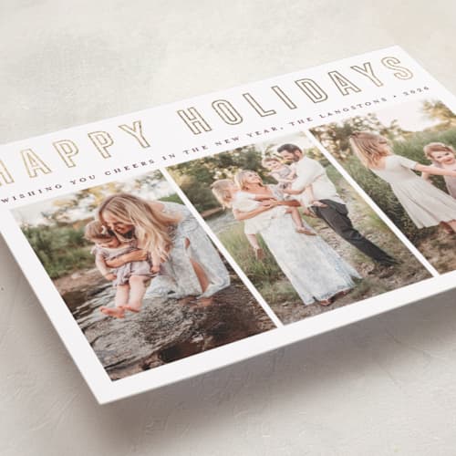 This is a snow foil pressed holiday cards with foil pressed by Juliana Zimmermann called triple happiness printing on recycled smooth signature in standard