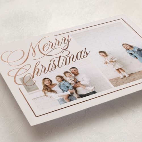 This is a eggnog foil pressed holiday cards with foil pressed by Brianne Larsen called elegantly lined printing on recycled smooth signature in standard