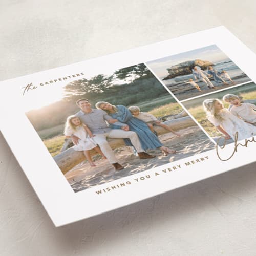 This is a winter foil pressed holiday cards with foil pressed by Creo Study called chic trio printing on recycled smooth signature in standard