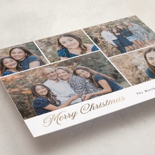 This is a snow foil pressed holiday cards with foil pressed by Rebecca Durflinger called merriment printing on recycled smooth signature in standard
