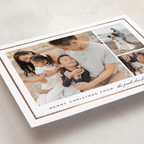 This is a snow foil pressed holiday cards with foil pressed by Amy Kross called sealed printing on recycled smooth signature in standard