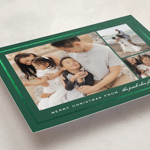 This is a pine foil pressed holiday cards with foil pressed by Amy Kross called sealed printing on recycled smooth signature in standard