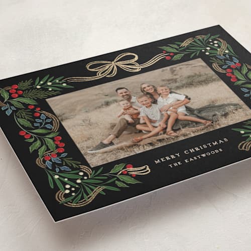 This is a orchard foil pressed holiday cards with foil pressed by Grae called sparkly holiday ribbon printing on recycled smooth signature in standard