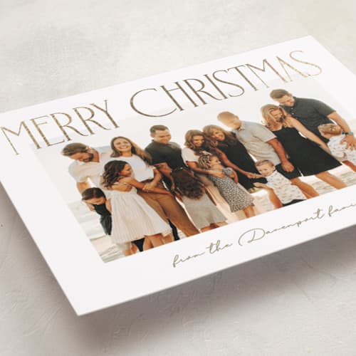 This is a starlight foil pressed holiday cards with foil pressed by Kacey Kendrick Wagner called christmas headline printing on recycled smooth signature in standard