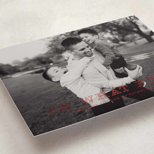 This is a crimson foil pressed holiday cards with foil pressed by Up Up Creative called exclaim printing on recycled smooth signature in standard