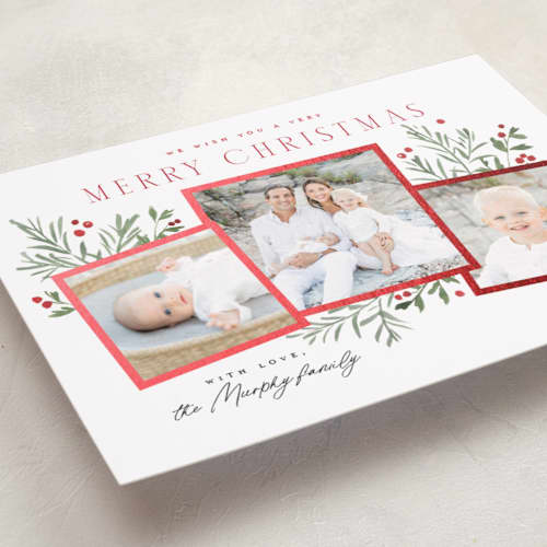 This is a peppermint foil pressed holiday cards with foil pressed by Everett Paper Goods called pine holly printing on recycled smooth signature in standard