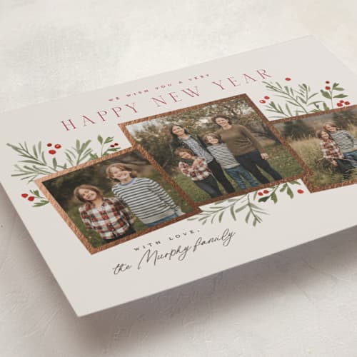 This is a sugar cookie foil pressed holiday cards with foil pressed by Everett Paper Goods called pine holly printing on recycled smooth signature in standard