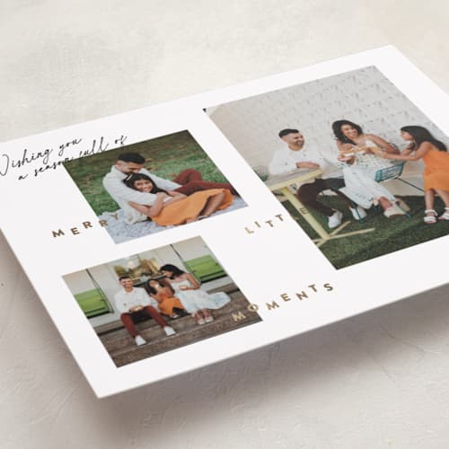 This is a snow foil pressed holiday cards with foil pressed by Robert and Stella called merry little moments printing on recycled smooth signature in standard