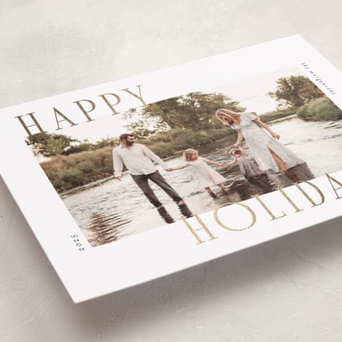 This is a snow foil pressed holiday cards with foil pressed by Chris Griffith called holiday wonder printing on recycled smooth signature in standard