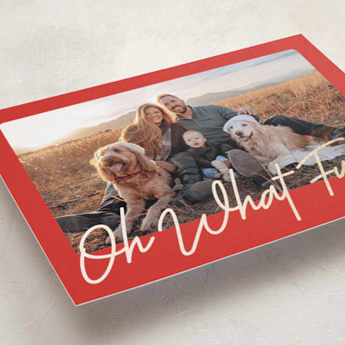 This is a crimson foil pressed holiday cards with foil pressed by Karidy Walker called oh what fun script printing on recycled smooth signature in standard