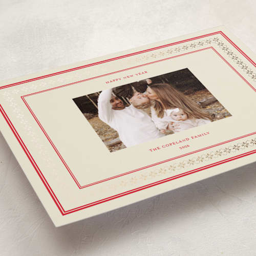 This is a crimson foil pressed holiday cards with foil pressed by Jen Ramsey called christmas sweater border printing on recycled smooth signature in standard