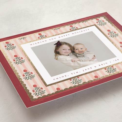 This is a berry foil pressed holiday cards with foil pressed by Teju Reval called block print frame printing on recycled smooth signature in standard