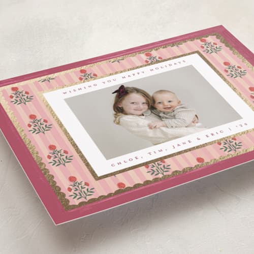 This is a candy foil pressed holiday cards with foil pressed by Teju Reval called block print frame printing on recycled smooth signature in standard