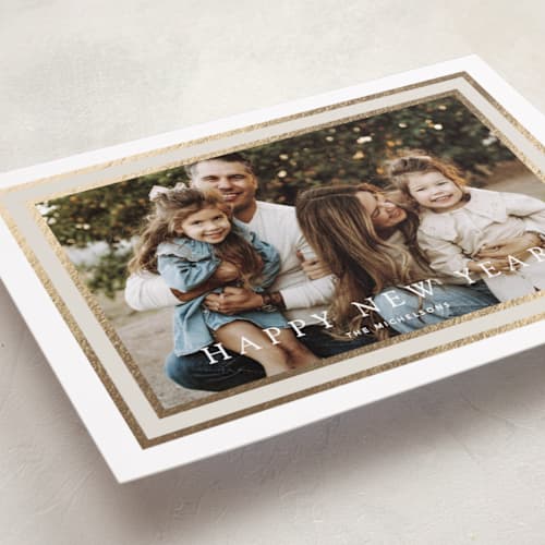 This is a vanilla foil pressed holiday cards with foil pressed by Stacey Meacham called layered frame printing on recycled smooth signature in standard