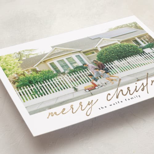 This is a marshmallow foil pressed holiday cards with foil pressed by Tamara Hilje called the merry printing on recycled smooth signature in standard