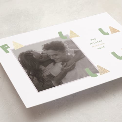 This is a mint foil pressed holiday cards with foil pressed by Summer Winkelman called fa la la fun printing on recycled smooth signature in standard