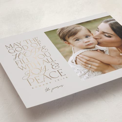 This is a chestnut foil pressed holiday cards with foil pressed by Pink House Press called filled with love printing on recycled smooth signature in standard