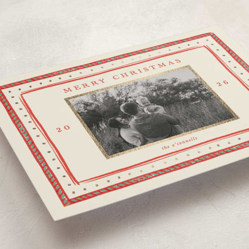 This is a lingonberry foil pressed holiday cards with foil pressed by Sarah Rosenthal called cotswolds cottage printing on recycled smooth signature in standard