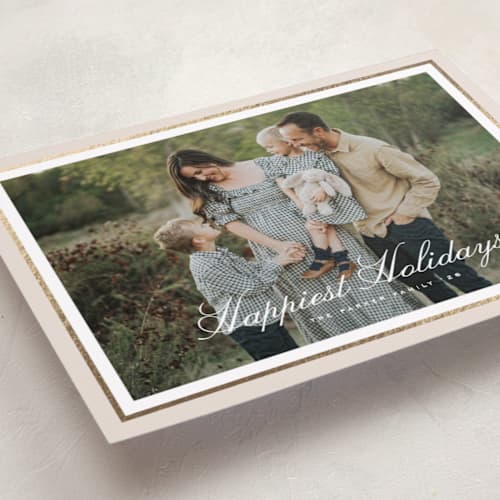 This is a tinsel foil pressed holiday cards with foil pressed by Kelly Schmidt called minimal border printing on recycled smooth signature in standard