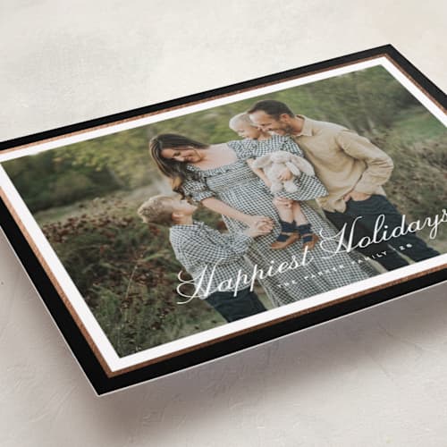 This is a midnight foil pressed holiday cards with foil pressed by Kelly Schmidt called minimal border printing on recycled smooth signature in standard