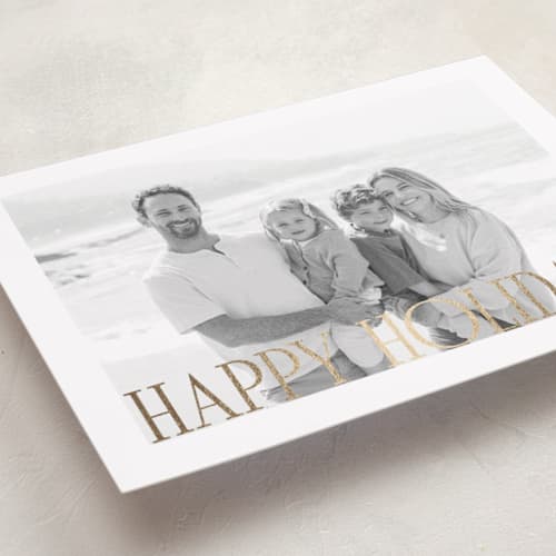 This is a snow foil pressed holiday cards with foil pressed by Angela Thompson called happy holiday portrait printing on recycled smooth signature in standard