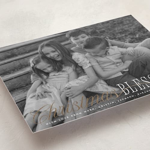 This is a snow foil pressed holiday cards with foil pressed by Kamala Nahas called elegant christmas blessings printing on recycled smooth signature in standard