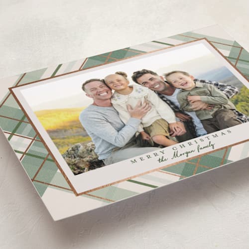 This is a vanilla foil pressed holiday cards with foil pressed by Petra Kern called fancy plaid printing on recycled smooth signature in standard