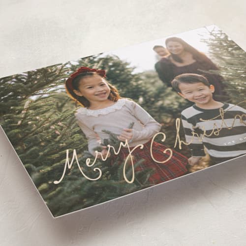 This is a snow foil pressed holiday cards with foil pressed by Leah Bisch called classic christmas printing on recycled smooth signature in standard