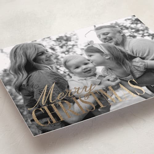 This is a snow foil pressed holiday cards with foil pressed by Kelly Watkins called aspen printing on recycled smooth signature in standard