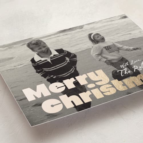 This is a sugar foil pressed holiday cards with foil pressed by Everett Paper Goods called extra bold printing on recycled smooth signature in standard