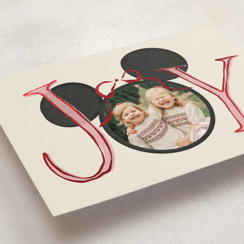 This is a champagne foil pressed holiday cards with foil pressed by Kamala Nahas called disney mickey o joy printing on recycled smooth signature in standard