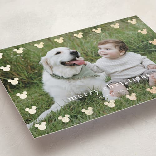 This is a powder foil pressed holiday cards with foil pressed by Stacey Meacham called mickey frame printing on recycled smooth signature in standard