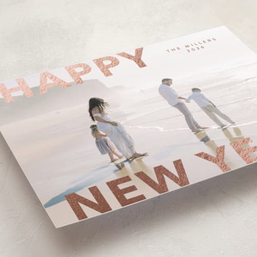 This is a rose foil pressed holiday cards with foil pressed by Angela Thompson called modern type printing on recycled smooth signature in standard