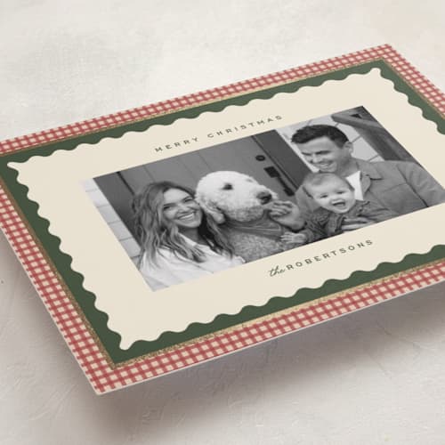 This is a cranberry foil pressed holiday cards with foil pressed by Ellen Schlegelmilch called gingham layers printing on recycled smooth signature in standard